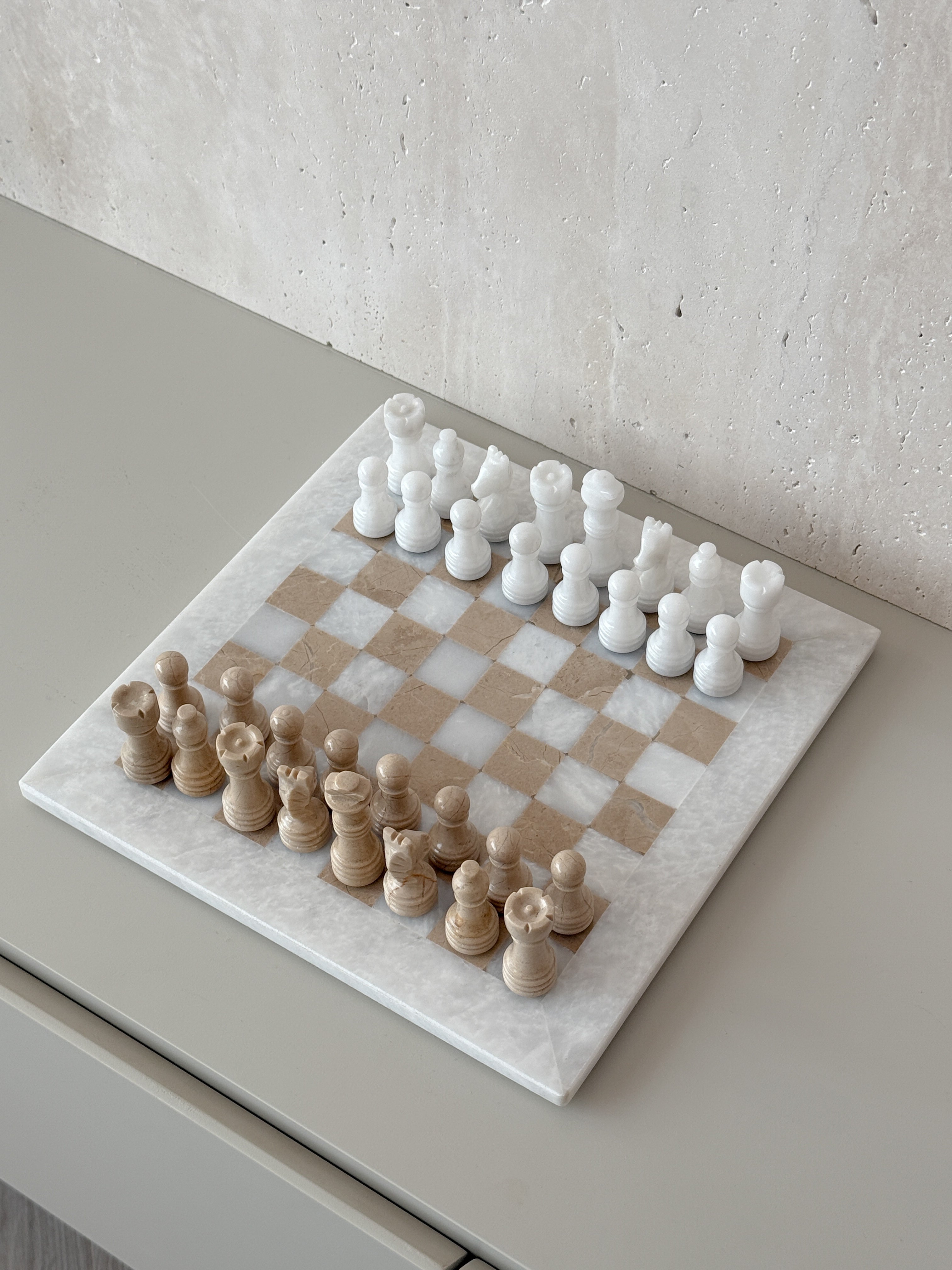 White Marble & Beige Travertine Chess Board 10"