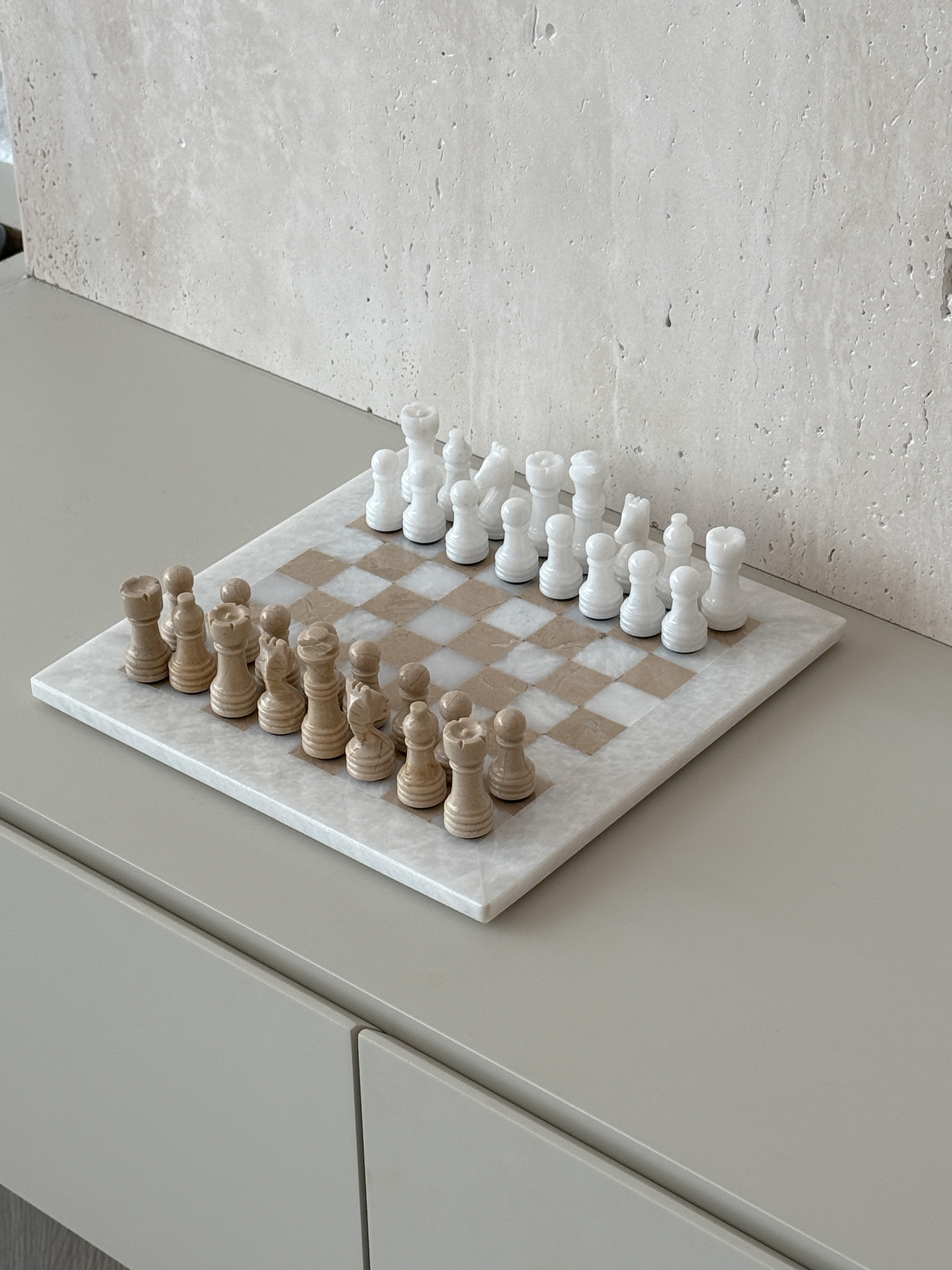 White Marble & Beige Travertine Chess Board 10"