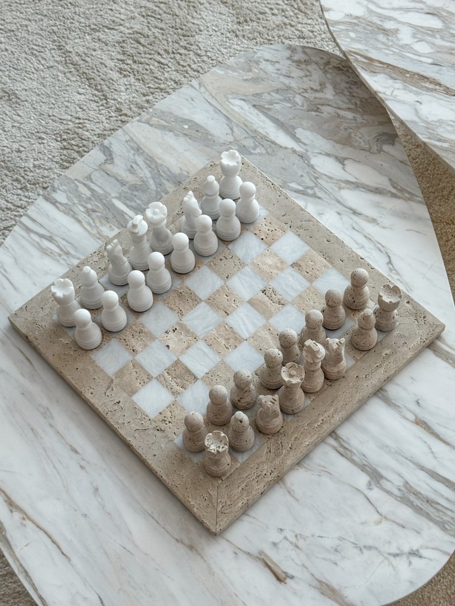 Beige Travertine & White Marble Chess Board - PalmLiving Dubai