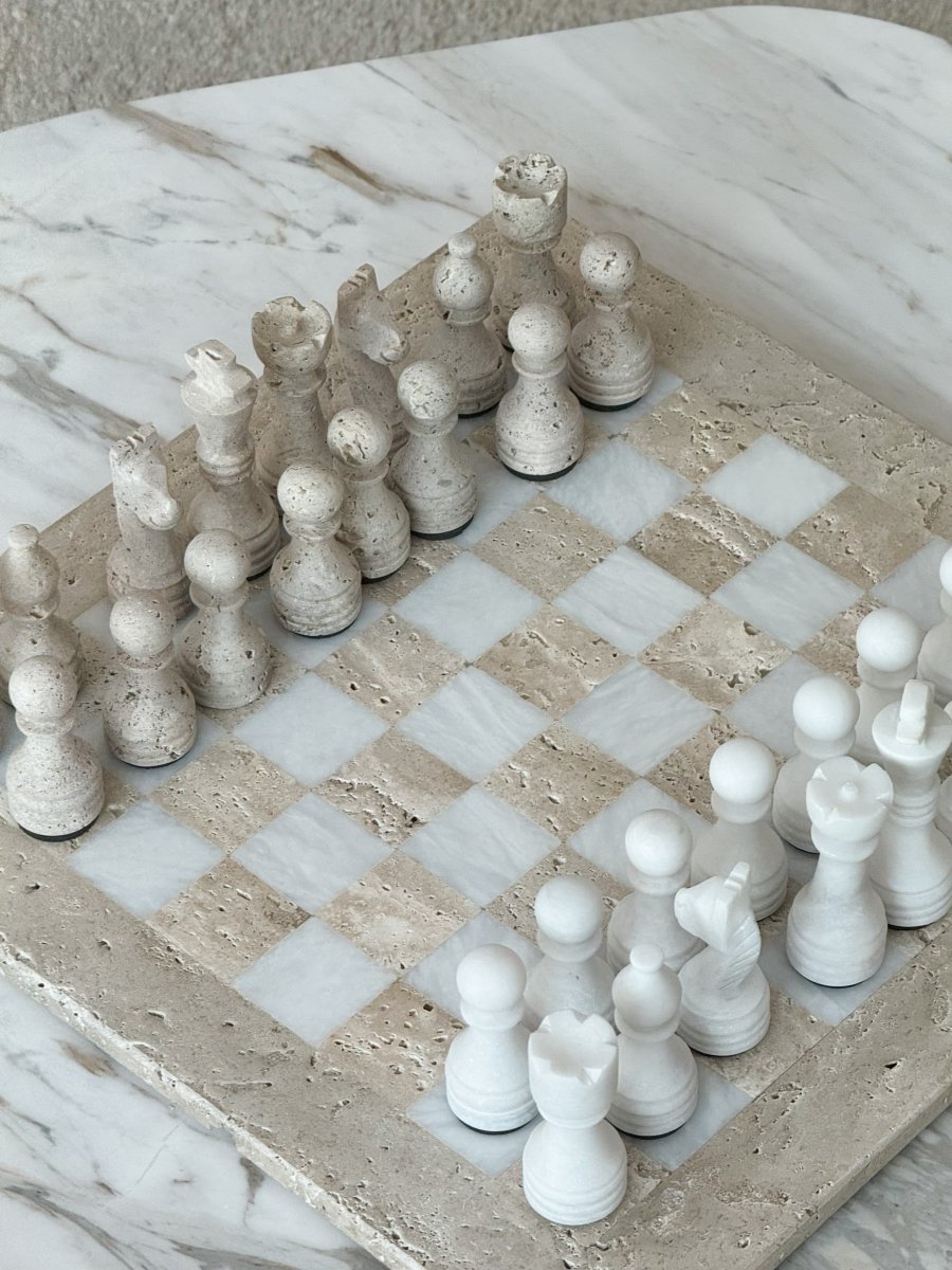 Beige Travertine & White Marble Chess Board - PalmLiving Dubai