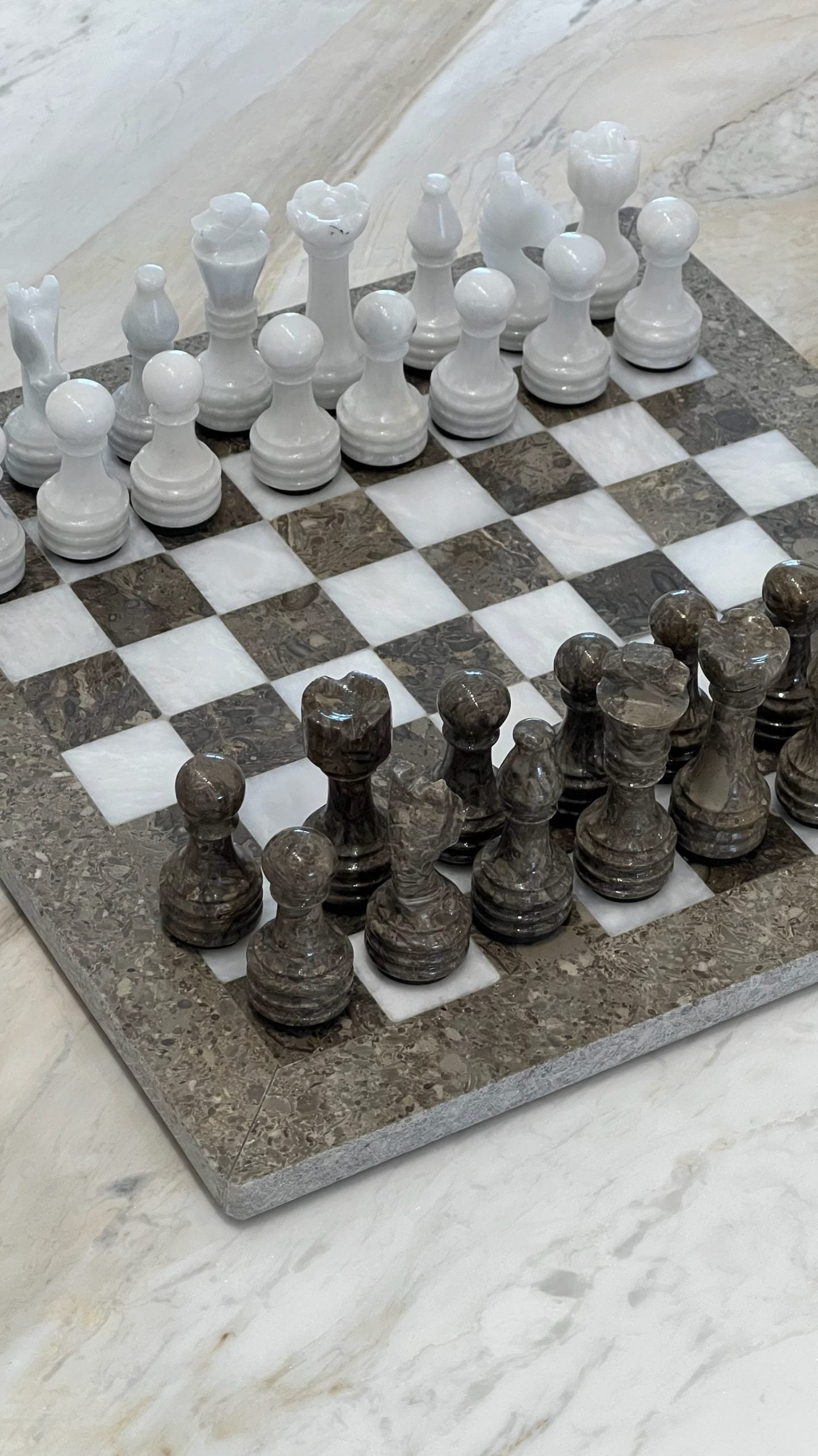 Oceanic Grey Marble & White Marble Chess Board 12"