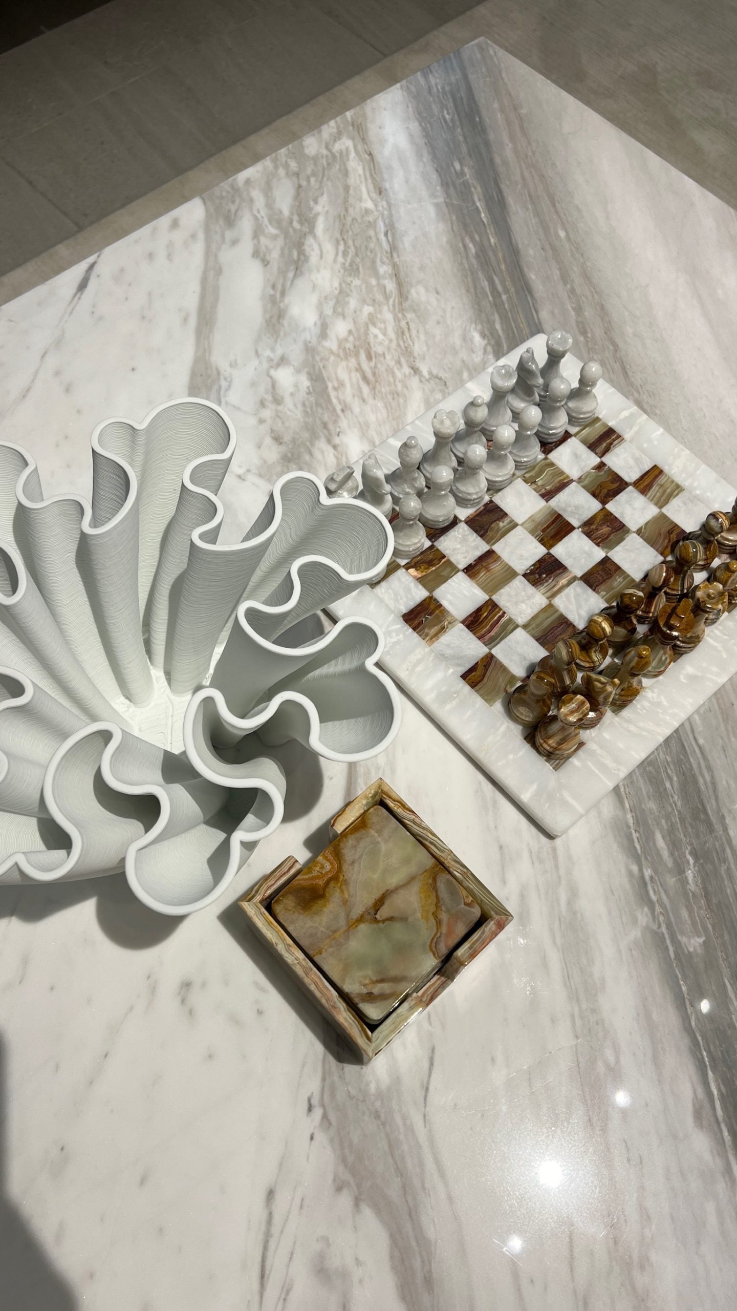 Green Onyx & White Marble Chess Board 12"