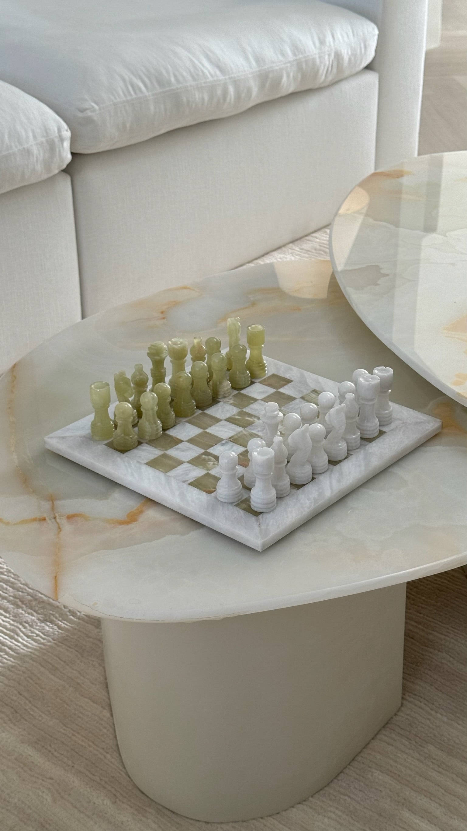 Ava White & Green Onyx Marble Chessboard