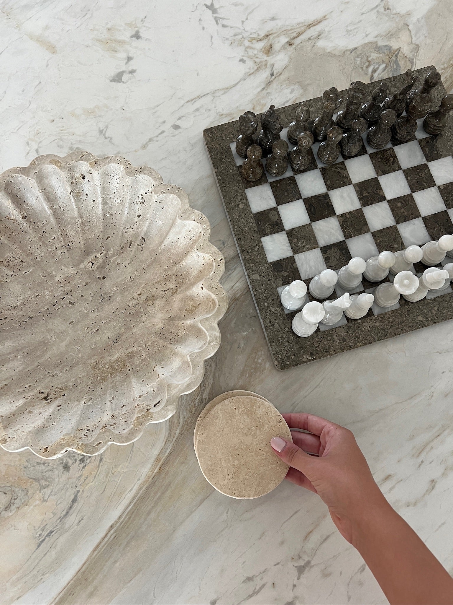 Oceanic Grey Marble & White Marble Chess Board 12"