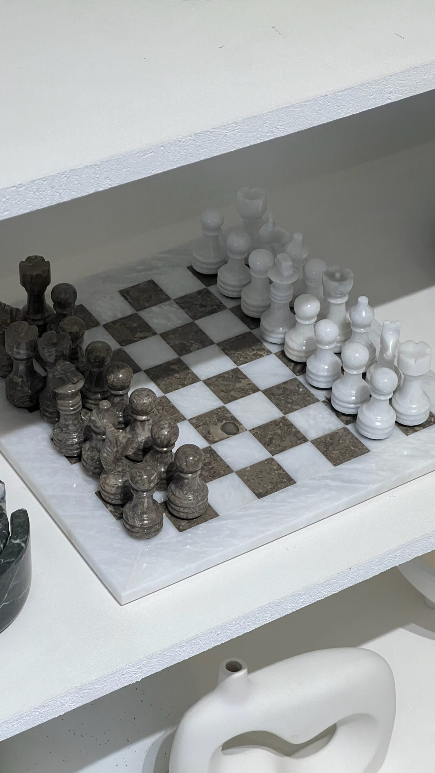 White Marble & Oceanic Grey Marble Chess Board 12"