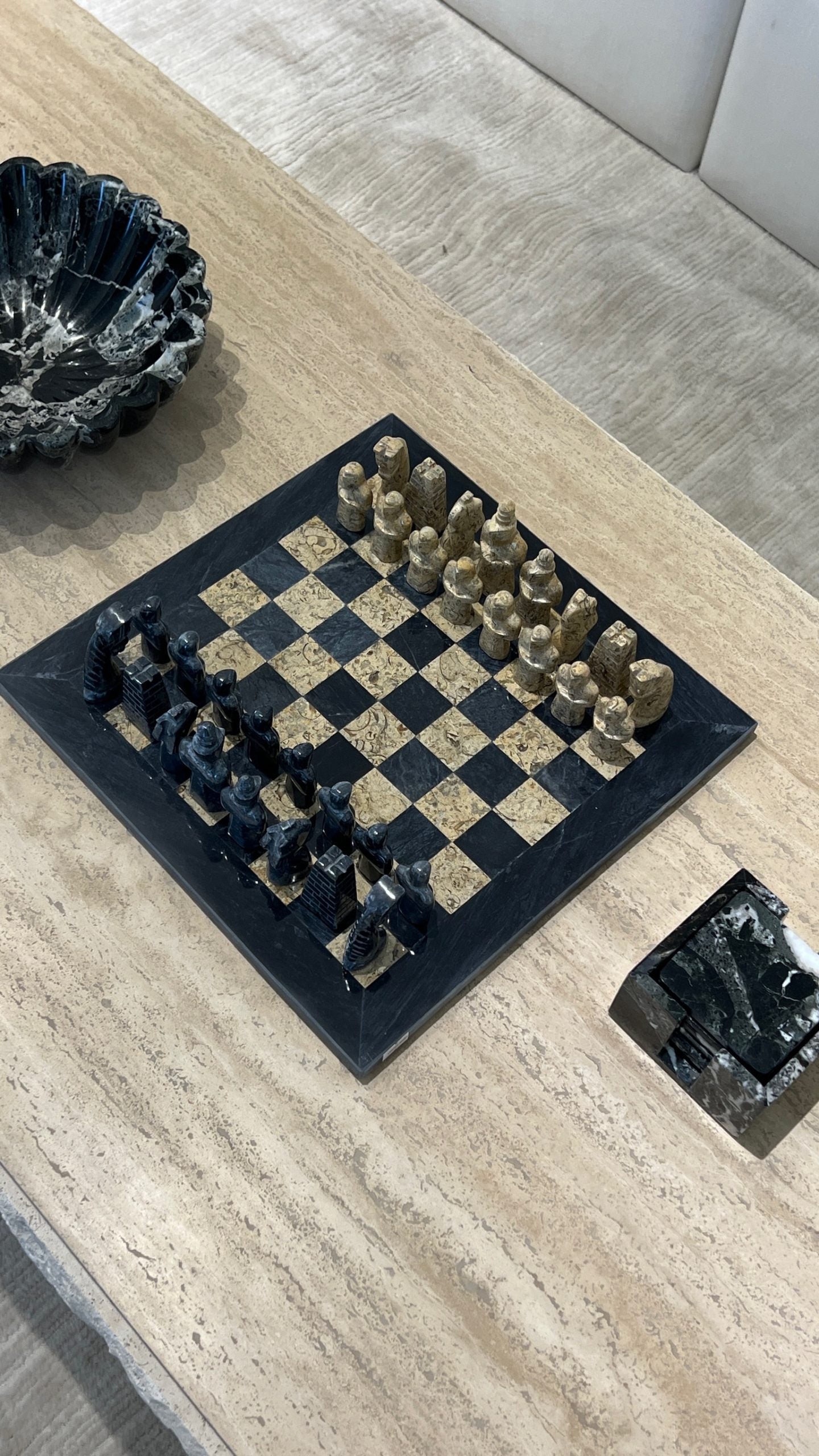 Black & Coral Antique Marble Chess Board 15"