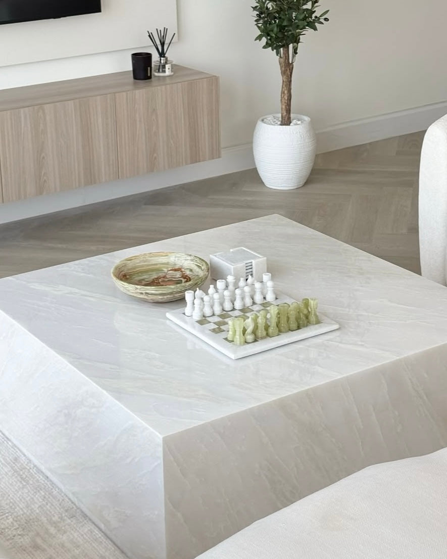 Ava White & Green Onyx Marble Chessboard
