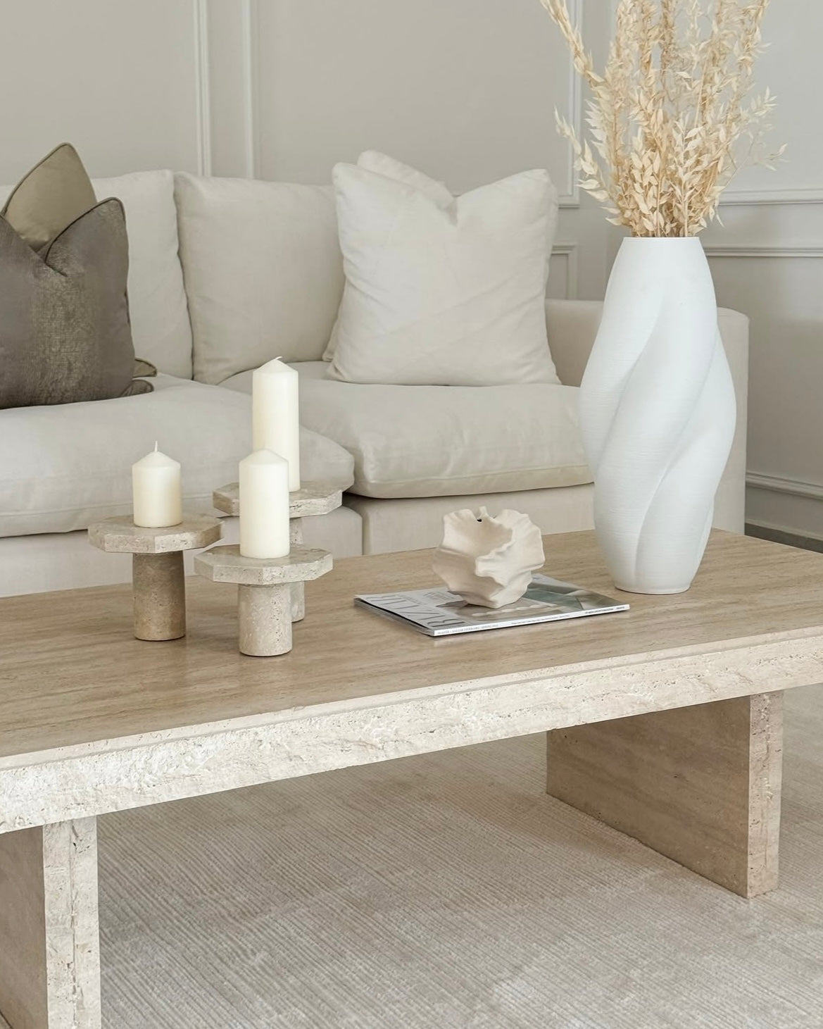 Rae Travertine Set of Three Candle Pillars