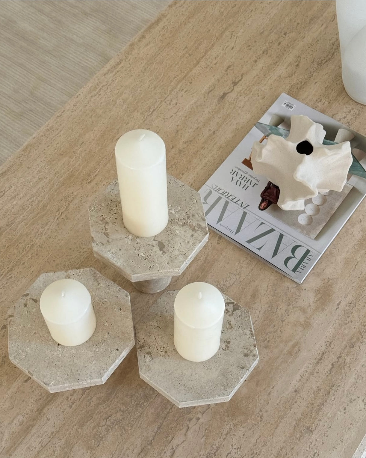 Rae Travertine Set of Three Candle Pillars