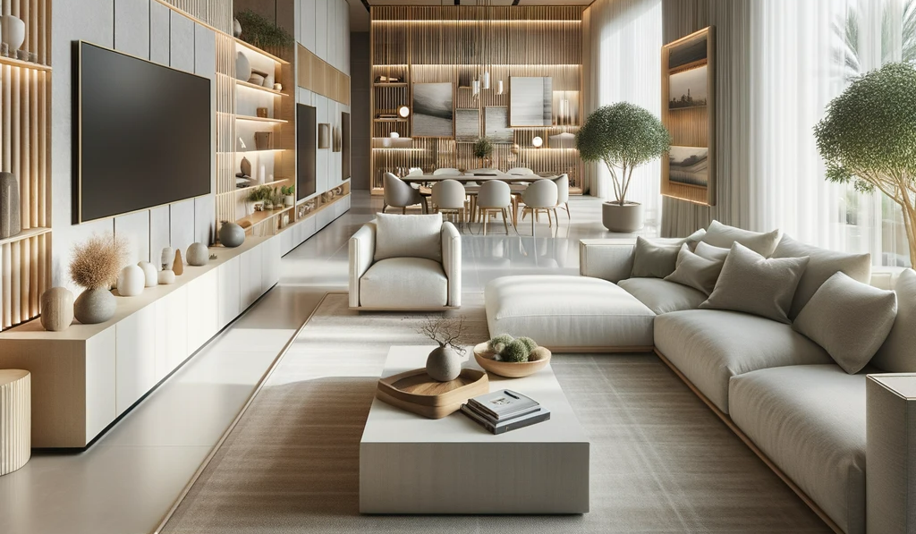 Photo of a contemporary living room in the UAE showcasing minimalistic furniture designs with sleek lines and neutral colors