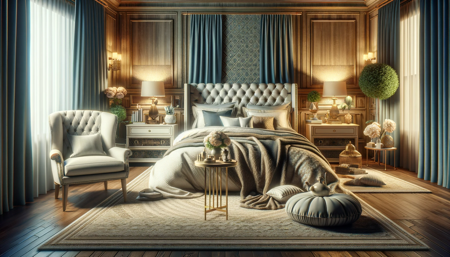 luxury bedding's unique features and comforts in an elegant bedroom setting. Show various types of high-end bedding material