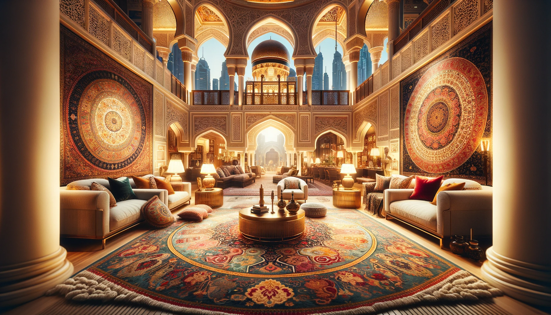 Show a lavish interior in Dubai with a variety of luxury rugs on display
